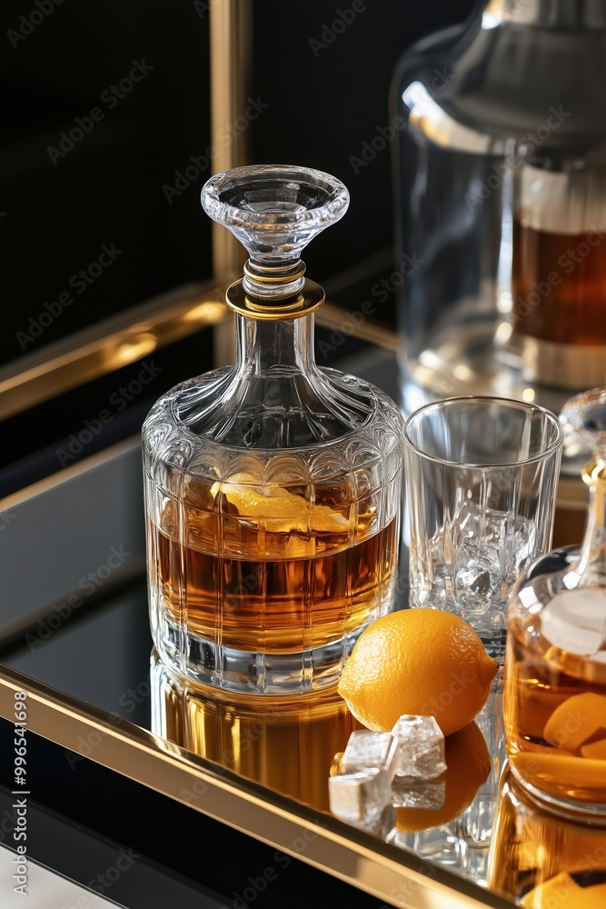 Crystal Decanter with Whiskey and Lemon on Stylish Bar Cart Crystal Decanter with Whiskey and Lemon on Stylish Bar Cart