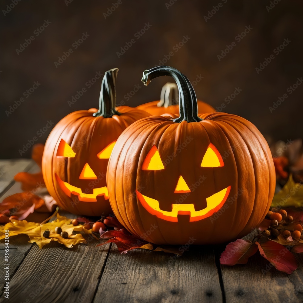 Fototapeta premium Halloween symbol. Pumpkins lying on a wooden table.