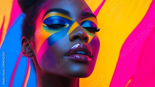 Beauty influencer demonstrating colorful makeup looks with a vibrant abstract art background.