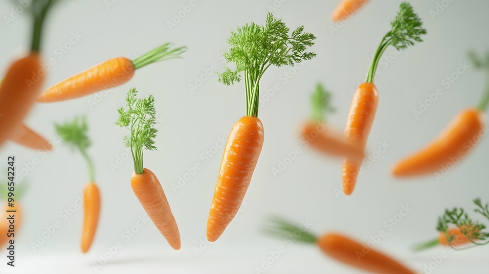 Dynamic shot of falling carrots on a white background Dynamic shot of falling carrots on a white background
