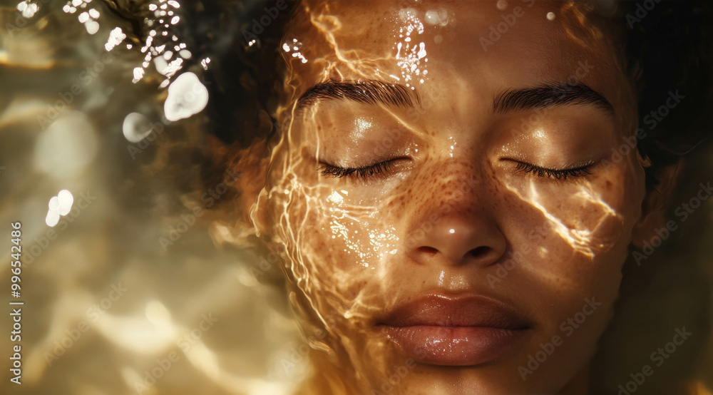 Close-up of a woman's face with closed eyes, submerged in crystal-clear water, surrounded by shimmering light reflections and droplets on her skin Close-up of a woman's face with closed eyes, submerged in crystal-clear water, surrounded by shimmering light reflections and droplets on her skin