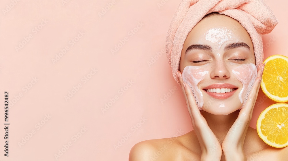 A joyful woman applies a refreshing facial mask, enjoying a moment of self-care with orange slices and a soft towel. A joyful woman applies a refreshing facial mask, enjoying a moment of self-care with orange slices and a soft towel.