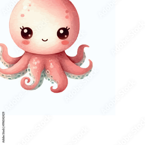 Cute Octopus Watercolor Illustration on White Background