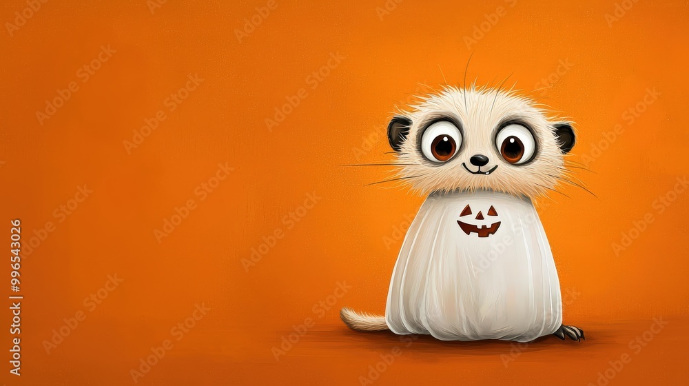 Fototapeta premium Cute character in a ghost costume with pumpkin design, on an orange background.