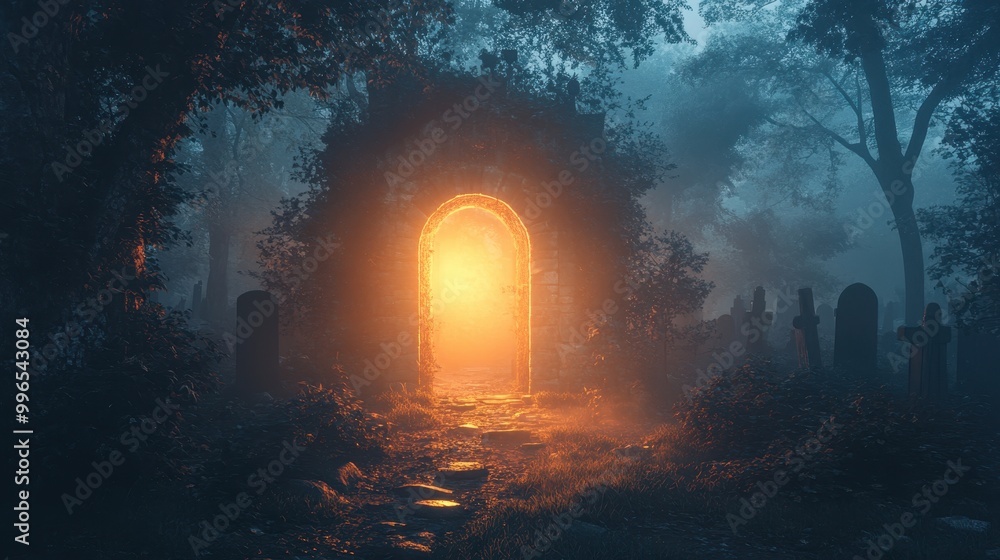 Fototapeta premium Mysterious Glowing Doorway in Foggy Surroundings