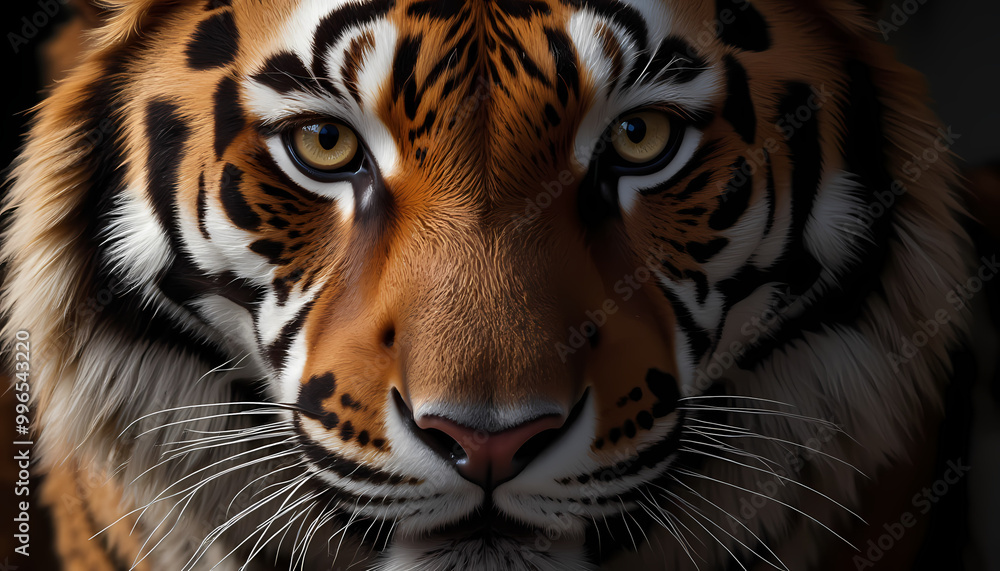 Obraz premium Majestic tiger face with intense gaze in dramatic close-up portrait