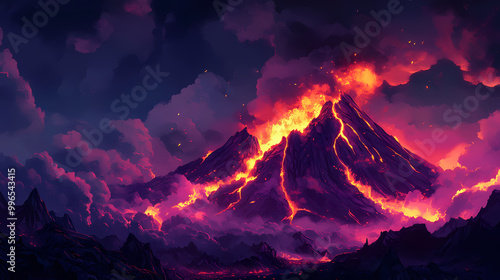 Lava-covered mountain with dark sky. Volcanic Eruption. Illustration photo