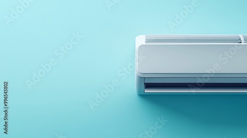 A modern air conditioning unit is mounted seamlessly against a soft pastel blue background, showcasing its sleek and minimalist design for contemporary interiors