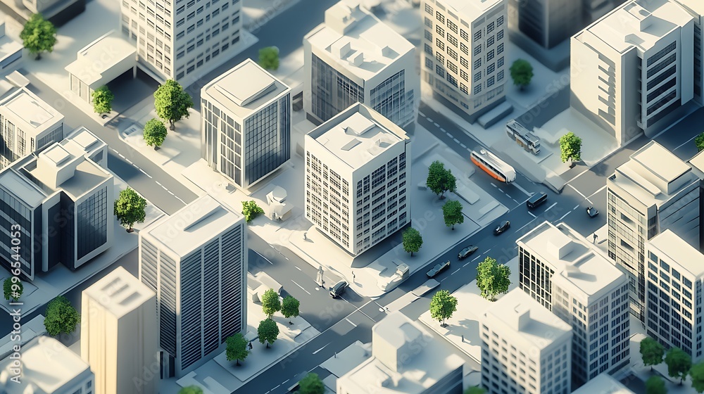 Aerial View of a Modern Cityscape with Buildings, Streets, and Vehicles Aerial View of a Modern Cityscape with Buildings, Streets, and Vehicles
