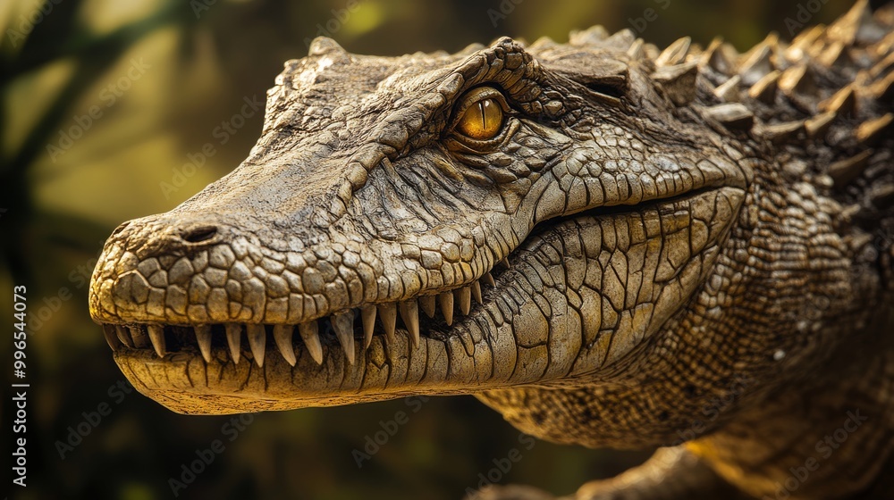 Obraz premium The model of a crocodile-like dinosaur showcases intricate details against a vibrant natural backdrop, highlighting its lifelike textures and captivating design