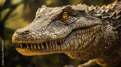 The model of a crocodile-like dinosaur showcases intricate details against a vibrant natural backdrop, highlighting its lifelike textures and captivating design photo