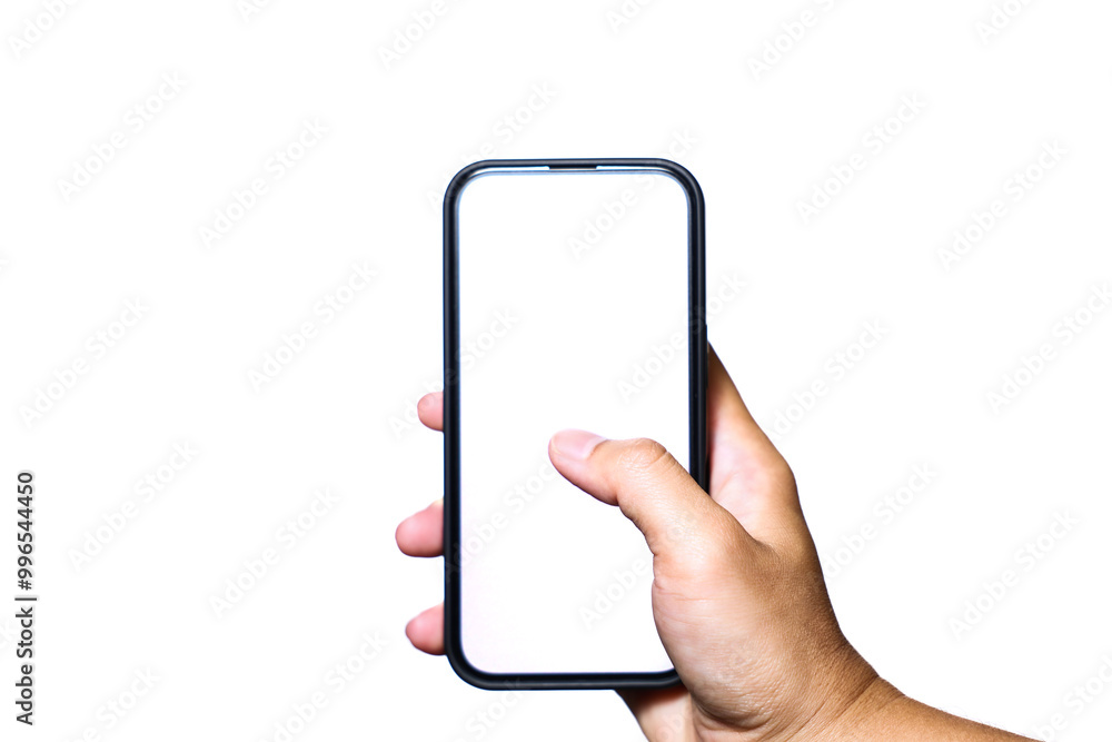 Close up of hand holding modern smart phone mockup. New modern black frameless smartphone mockup with blank white screen. Isolated on white background high quality studio shot Modern smart. Close up of hand holding modern smart phone mockup. New modern black frameless smartphone mockup with blank white screen. Isolated on white background high quality studio shot Modern smart.