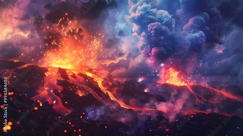 Dramatic Volcanic Eruption in Fiery Landscape Dramatic Volcanic Eruption in Fiery Landscape