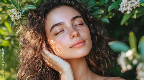 Beauty enthusiast demonstrating natural beauty products and subtle makeup techniques with a serene nature-inspired setting.