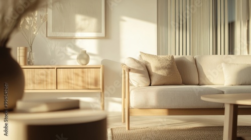 This modern living room showcases a blend of Japanese minimalism and Scandinavian functionality, featuring a cozy sofa, natural light, and airy decor