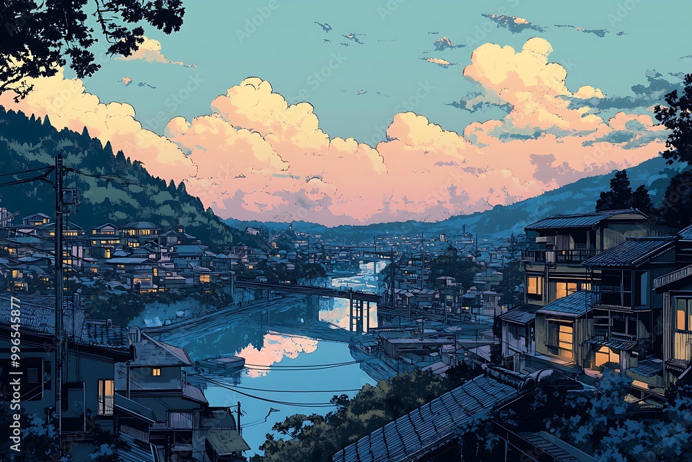 Obraz premium A Japanese Village with a River and Mountains Under a Cloudy Sky