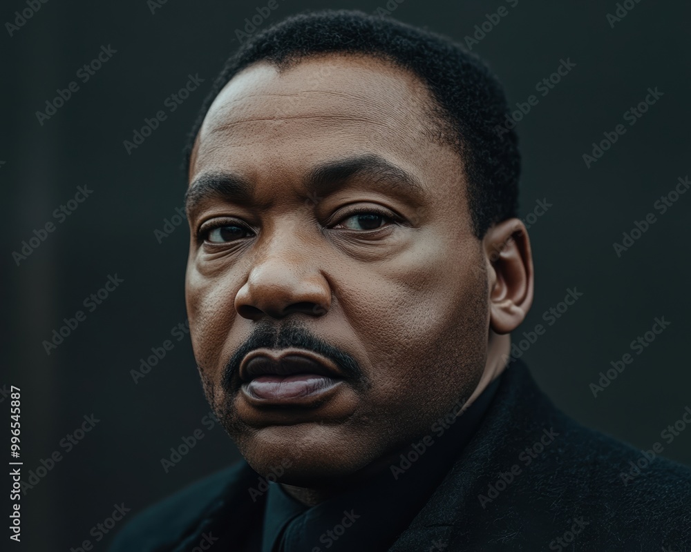 An intense close-up portrait of a civil rights leader, their serious expression embodying strength, resilience, and the power of activism. An intense close-up portrait of a civil rights leader, their serious expression embodying strength, resilience, and the power of activism.