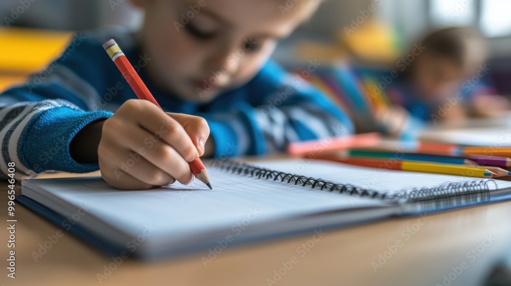 Child focused on writing in a notebook with colorful pencils around. Child focused on writing in a notebook with colorful pencils around.