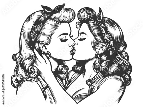 two pin-up style women kissing, retro hairstyles, sketch engraving generative ai fictional character vector illustration. Scratch board imitation. Black and white image.