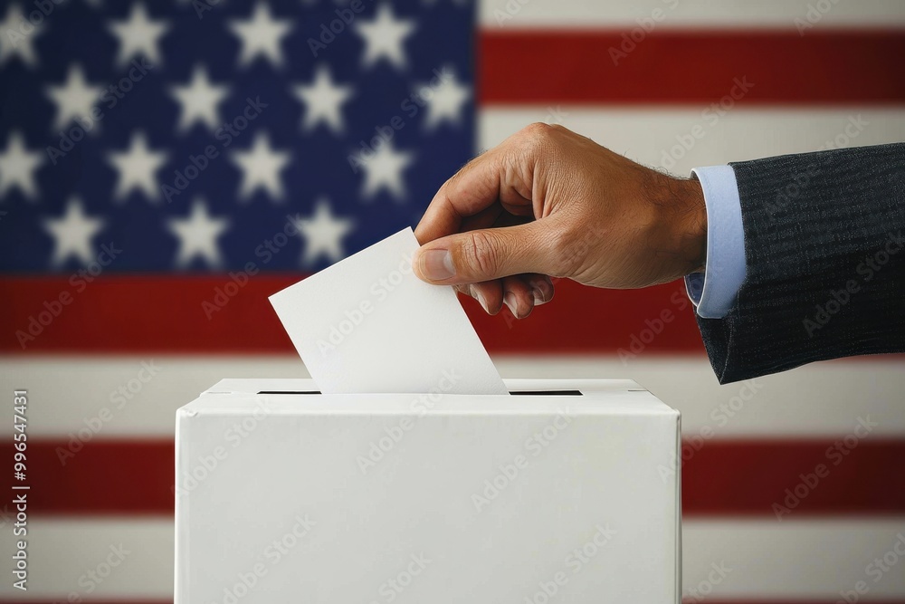 Hand placing a ballot into a white voting box with the united states flag in the background, symbolizing the democratic voting process, patriotism, and civic duty. Hand placing a ballot into a white voting box with the united states flag in the background, symbolizing the democratic voting process, patriotism, and civic duty.