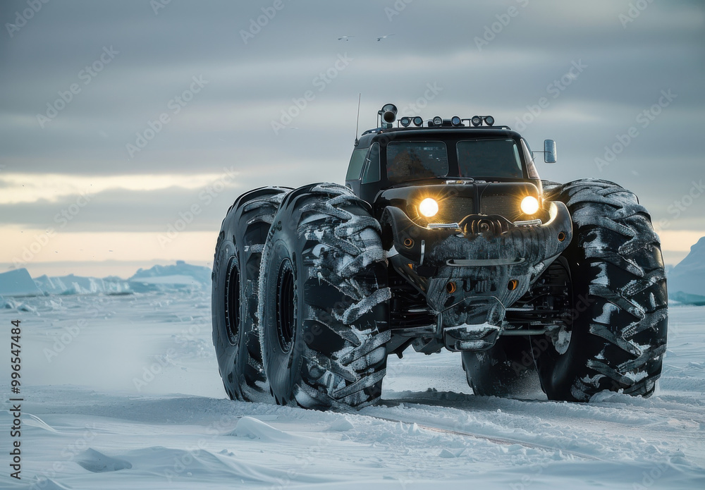 Man drives a powerful black monster truck on the ice with oversized tires