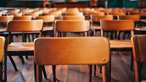 Empty Classroom with Wooden Chairs, Reflecting Traditional Educational Spaces and the Quiet Atmosphere of Learning Environments. photo