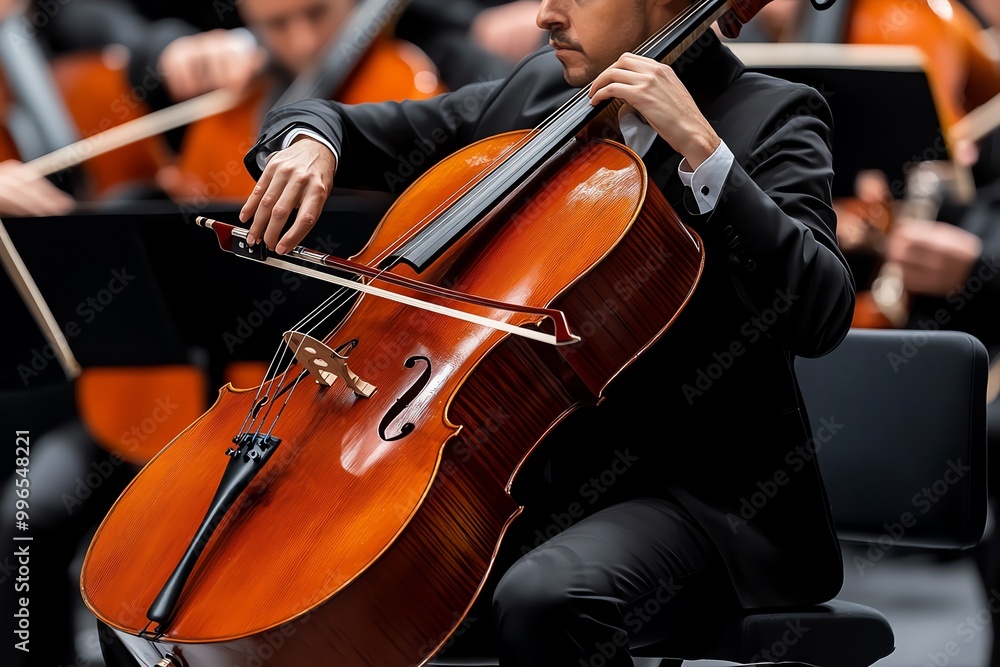 A person playing a cello in a classical orchestra, focusing on their bow technique and the rich wooden tones of the instrument A person playing a cello in a classical orchestra, focusing on their bow technique and the rich wooden tones of the instrument