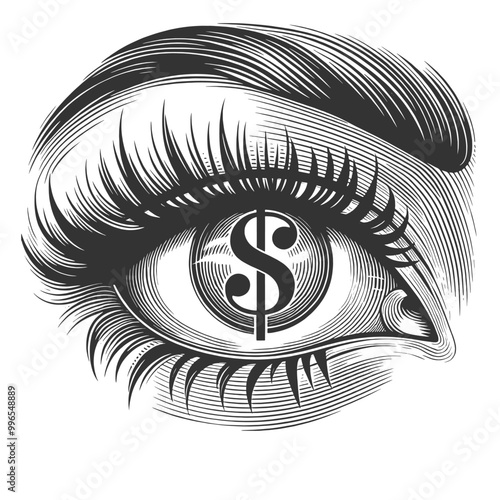 eye with a dollar sign as its pupil, symbolizing wealth, finance, or materialism sketch engraving generative ai fictional character vector illustration. Scratch board imitation. Black and white image.