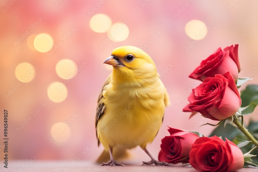 A bright yellow canary with red roses blooming from its back set against a pastel bokeh background, AI Generated A bright yellow canary with red roses blooming from its back set against a pastel bokeh background, AI Generated
