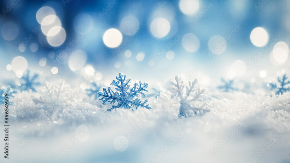 Blurred christmas background. Snow and snowflakes on blue with light bokeh. Blurred christmas background. Snow and snowflakes on blue with light bokeh.
