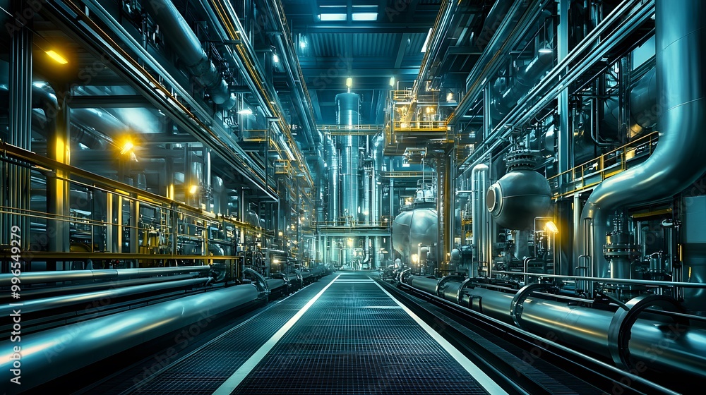 A futuristic petrochemical plant with automated machinery and digital control systems. A futuristic petrochemical plant with automated machinery and digital control systems.