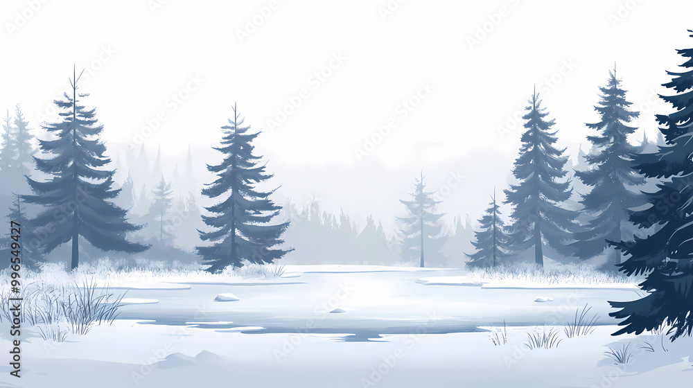 Minimalist winter scene snowcovered trees and a frozen lake. Frozen Lake. Illustration Minimalist winter scene snowcovered trees and a frozen lake. Frozen Lake. Illustration