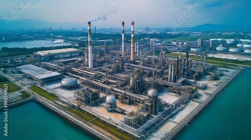 An aerial view of a large-scale petrochemical plant with expansive infrastructure.