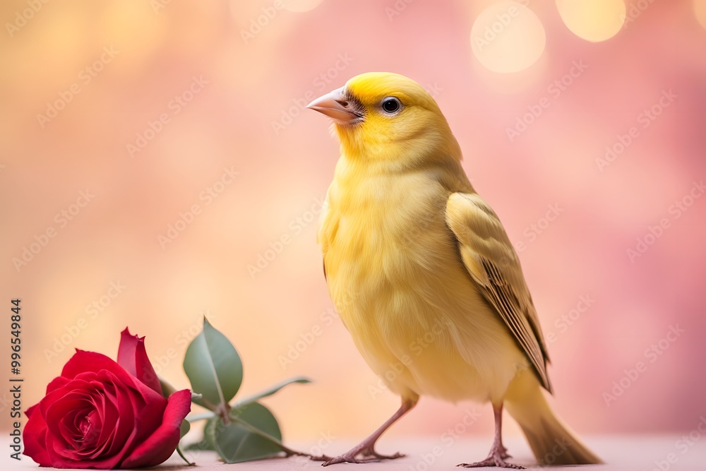 A bright yellow canary with red roses blooming from its back set against a pastel bokeh background, AI Generated A bright yellow canary with red roses blooming from its back set against a pastel bokeh background, AI Generated