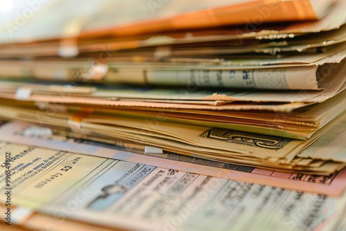 Zoom out to showcase the array of financial instruments used in real estate auctions, such as tax lien certificates and mortgage documents. , background blur