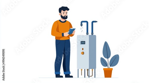 Man using smartphone near a water heater and a potted plant on a white background.