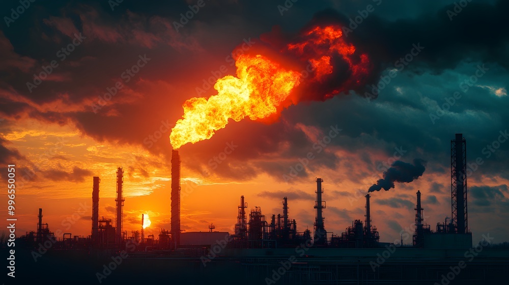 A detailed view of a gas flare burning brightly over a petrochemical plant. A detailed view of a gas flare burning brightly over a petrochemical plant.