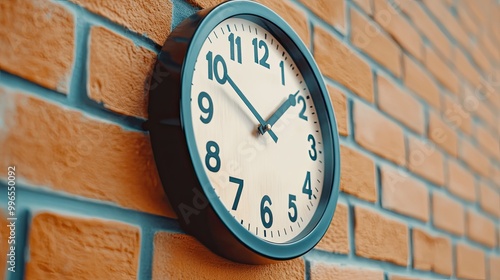 A modern wall clock mounted on a textured brick wall, showcasing stylish design and clear time display in a cozy environment. photo