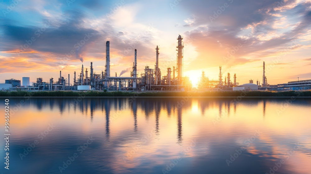 An oil refinery and petrochemical plant positioned on a riverbank, reflecting in the water. An oil refinery and petrochemical plant positioned on a riverbank, reflecting in the water.