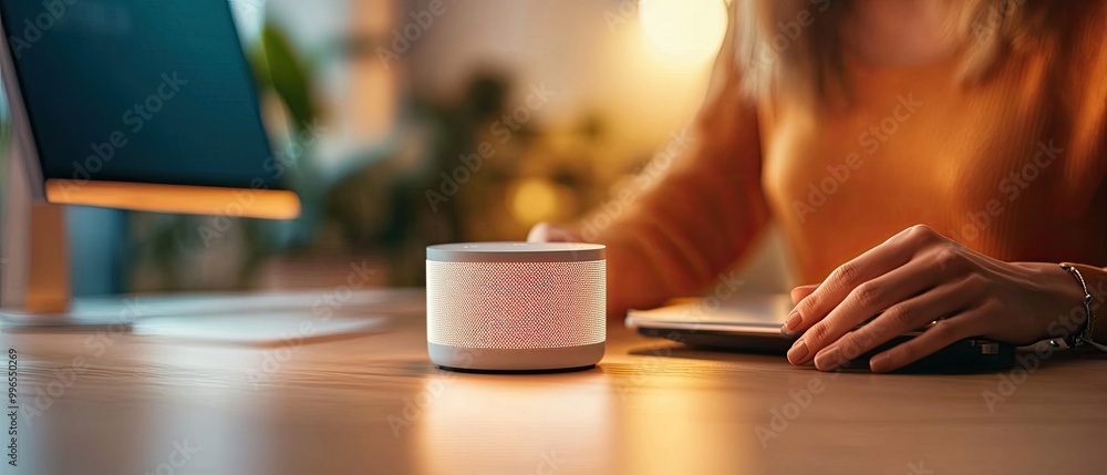 A modern workspace featuring a smart speaker and a user interacting with a tablet in a cozy, well-lit environment. A modern workspace featuring a smart speaker and a user interacting with a tablet in a cozy, well-lit environment.