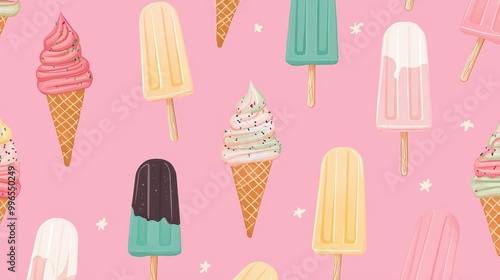 Colorful ice cream and popsicle pattern on pink background.