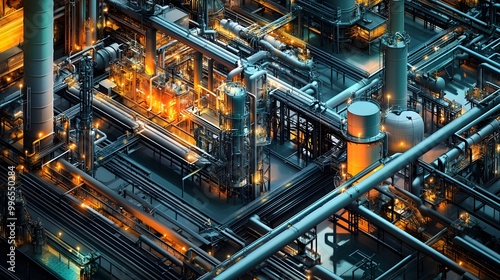 A highly detailed diagram of the internal processes happening inside a petrochemical plant.