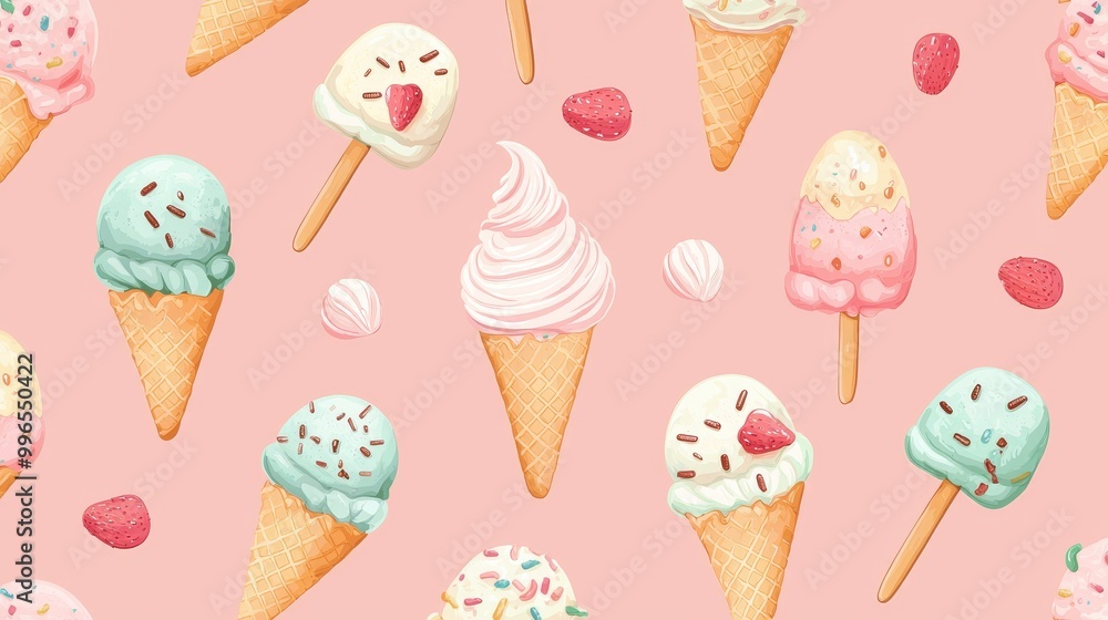 Colorful ice cream cones on a pastel pink background. Colorful ice cream cones on a pastel pink background.
