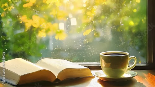 Cozy Morning Scene with Open Book and Coffee by the Window, Sunlight Streaming Through Leaves Creating a Peaceful Atmosphere. photo