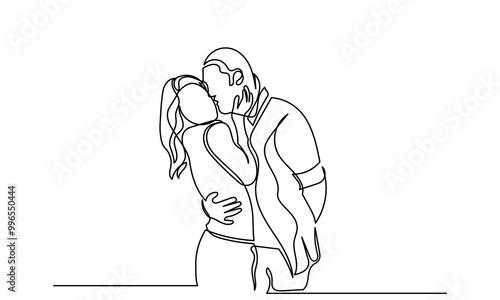 Continuous line drawing of Women and men hugging each other.A married couple of a romantic moment wife and husband. Yong girl boy embraces a woman in love a beautiful sight. Young beautiful couple 
