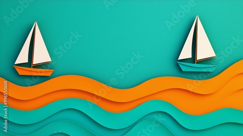 Colorful paper boats on a sea of wavy teal and orange. photo