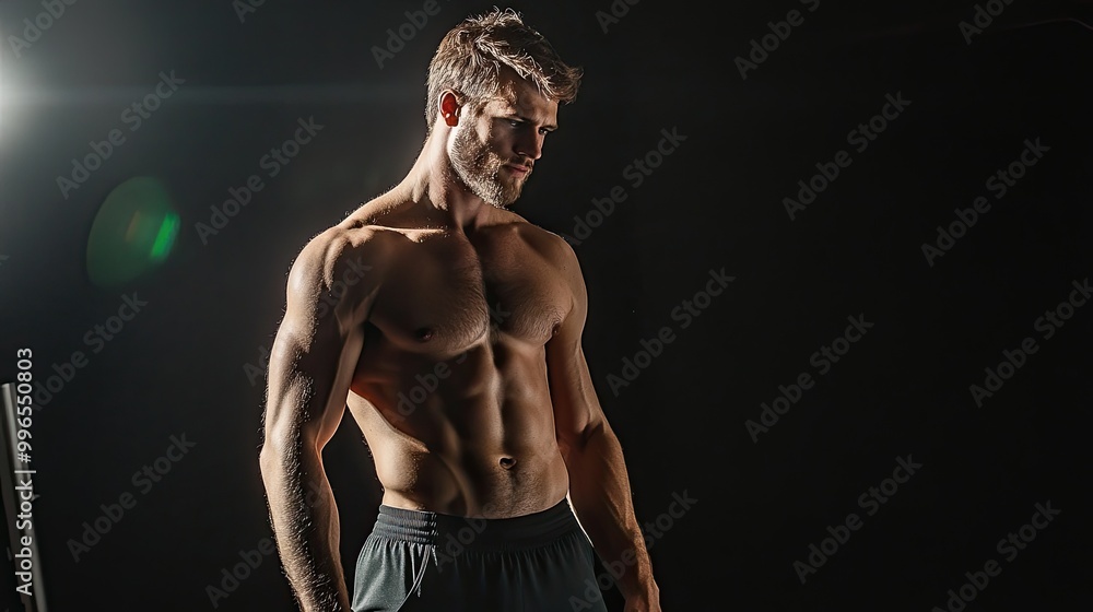 Fototapeta premium A muscular man poses confidently in a dark setting, showcasing strength and determination. Ideal for fitness and wellness themes.