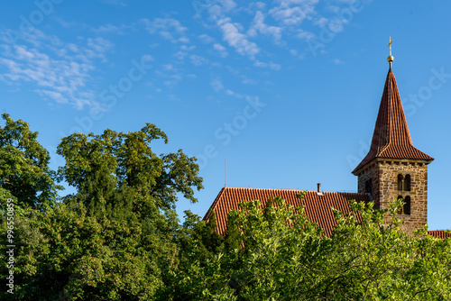 The tower is clearly visible from under a lush green archway