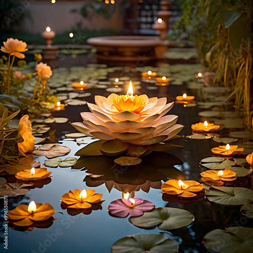 A symmetrical patterns of glowing Diwali lamps, vibrant marigold and lotus flowers photo