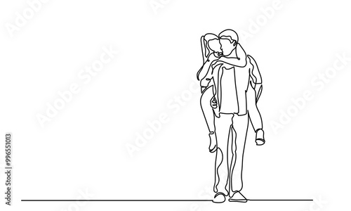 Continuous line drawing of Women and men hugging each other.A married couple of a romantic moment wife and husband. Yong girl boy embraces a woman in love a beautiful sight. Young beautiful couple 